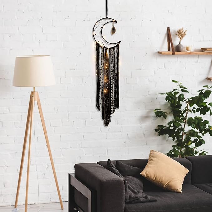 Witchy Crescent Moon Dream Catcher with Purple Agate, Witch Pagan Woven Wall Hanging Dreamcatcher with Light, Gothic Wiccan Hippie Decor with Ornament Decoration Women Gift for Bedroom Christmas