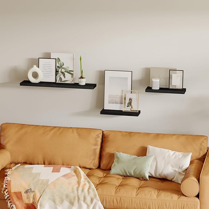 Fixwal Black Floating Shelves for Wall, Rustic Wood Shelves for Bathroom, Living Room, Bedroom and Kitchen, Wall Shelves for Storage, Books, Room Decor (Set of 4, 15.7 Inch)