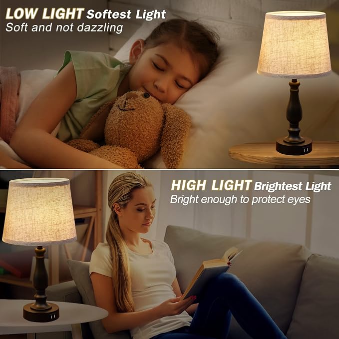 EJIAXIN Table Lamps Set of 2, Bedside Nightstand Lamps with USB Charging Ports,Dimmable Touch with Linen Fabric Lampshade, Modern Small Lamp for Bedrooms, Living Room (Bulbs Included)
