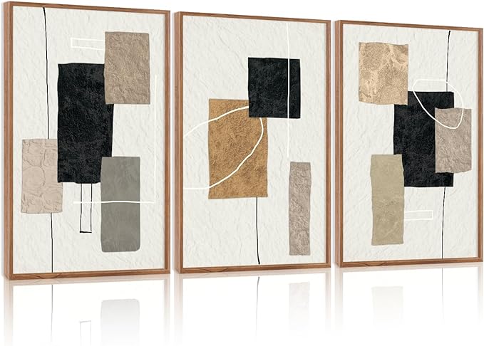 KAlRNE Neutral Abstract Framed Canvas Wall Art Set of 3(24”X36”),Black Beige and Brown Wall Decor,Modern Minimalist Block Lines Art Prints For Living Room Bedroom Office