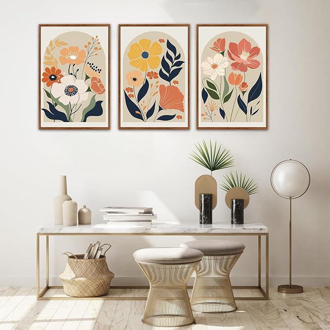 KAIRNE Boho Canvas Wall Art,Abstract Floral Wall Decor,Modern Minimalist Prints Set of 3(24”X36”),Botanical Wall Art Paintings,Bohemian Mid Century Artwork for Living Room Bedroom Office Decor,Framed