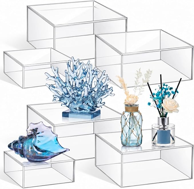 Jerify 6 Pcs Acrylic Risers Display Stands, 5.91'' 5.12'' 3.54'', Clear Square Nesting Pedestal Shelf with Hollow Bottom for Tabletop Jewelry Display, 3 Sized