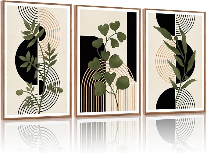 KAlRNE Boho Botanical Framed Canvas Wall Art Set of 3(16”X24”),Abstract Wall Decor,Minimalist Sage Green Picture Photography Geometric Line Black Art Prints For Living Room Bedroom Office