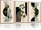 KAlRNE Boho Botanical Framed Canvas Wall Art Set of 3(16”X24”),Abstract Wall Decor,Minimalist Sage Green Picture Photography Geometric Line Black Art Prints For Living Room Bedroom Office