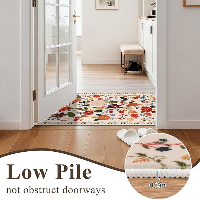 U'Artlines 2' x 10' Colorful Floral Runner Rug for Hallways Kitchen Rugs Soft Non Slip Washable Floor Carpet Runners for Entryway Laundry Room Bathroom Beige