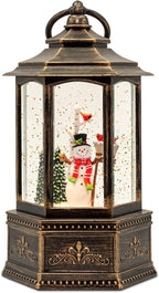 Christmas Snow Globes, 9.37" Snowman Glitter Water Lantern with 8 Songs, 6H Timer Battery & USB Powered Music Box for Christmas Decorations Indoor