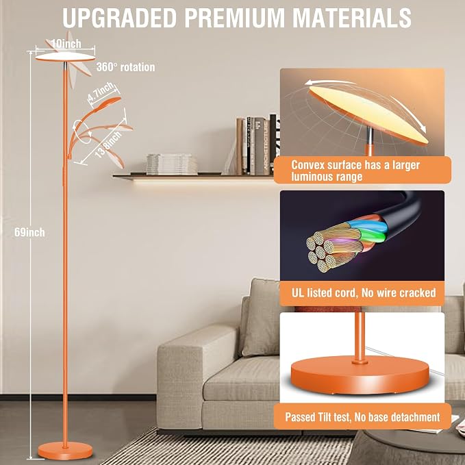 marctronic Orange Floor Lamps for Living Room, 44W/4500LM Super Bright 2 in 1 LED Floor Lamp with Remote, Stepless Dimmable