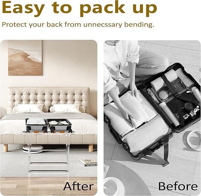 Acrylic Luggage Rack for Guest Room,Folding Luggage Rack with Leather Straps,Holds up to 120 lbs Suitcase Stand for Bedroom, Living Room and Hotel (Brown Leather)