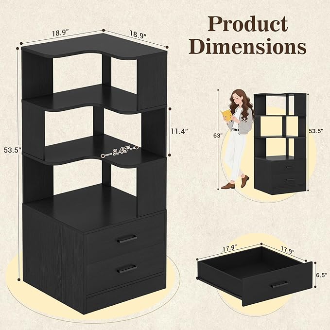 Armocity Corner Bookshelf with Drawers, 6 Tier Corner Book Shelf Display Bookcase, Freestanding L Shaped Bookshelf for Bedroom, Living Room, Home Office, Black