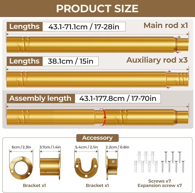 Mavivegue Closet Rod, 17 to 70 Inch Gold Adjustable Closet Rods for Hanging Clothes, Hanging Rod for Closet Wardrobes Laundry RV, Bathroom