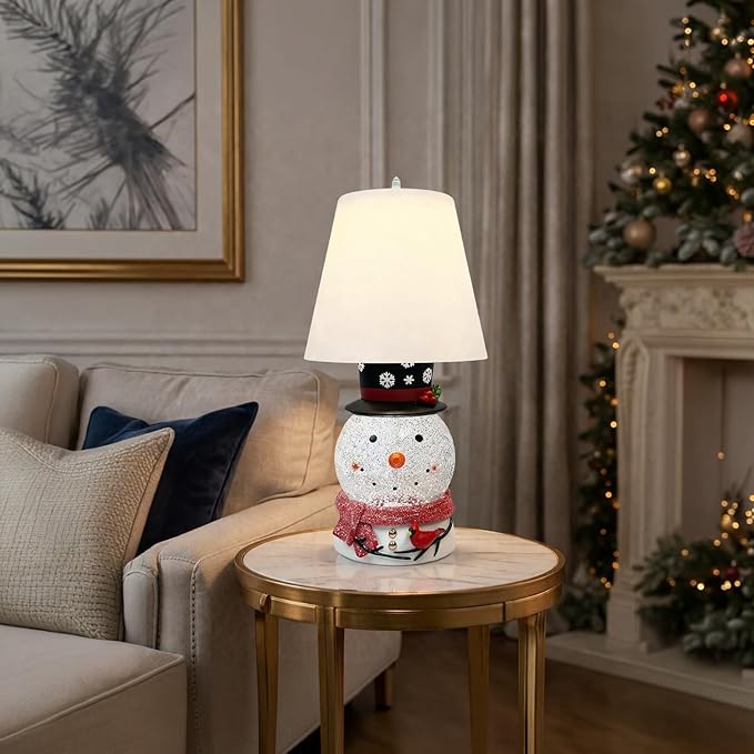 MOMENTS IN TIME Christmas Snowman Table Lamp with Glitter Spinning Water Globe, LED Lighted Holiday Lamp with Fabric Shade, USB or Battery Operated, 17.5 Inch Decorative Home Decor