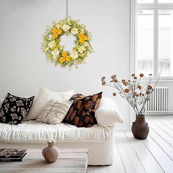 24 Inch Spring Yellow Floral Wreath for Front Door, Artificial Camellia & Orchid Wreath with Eucalyptus Greenery, Farmhouse Door Decor for Spring Summer Wedding Wall Window
