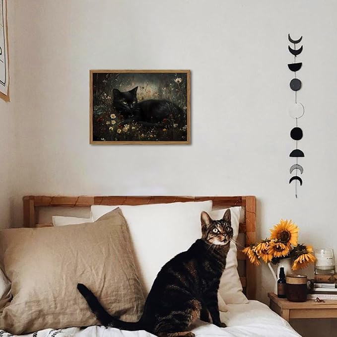 Framed Vintage Black Cat Canvas Wall Art, Gothic Dark Academia Cat Pictures Wall Decor, Moody Floral Animal Paintings Prints Cottagecore Home Decor for Living Room Bedroom Bathroom 16x24 inch