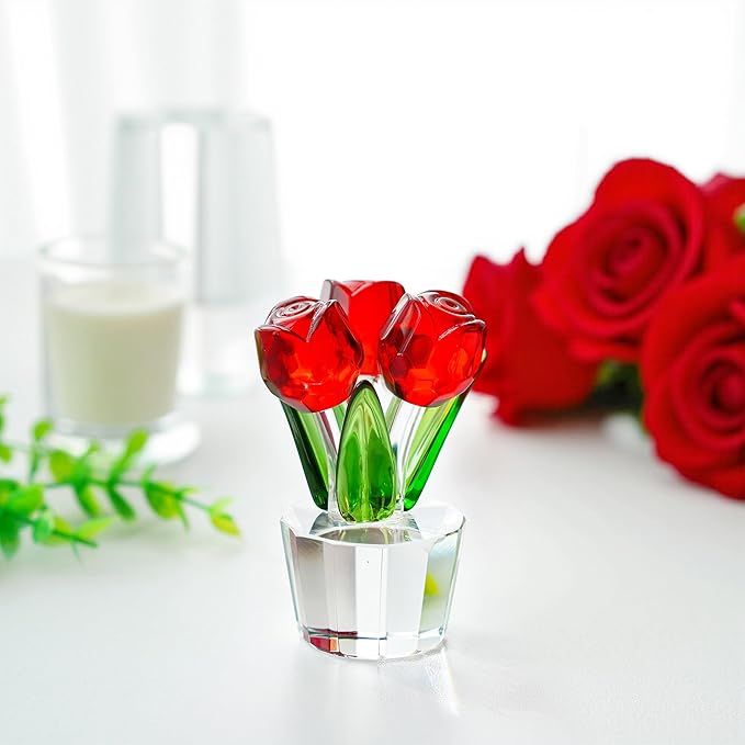 3.2 * 2in Handmade Crystal Red Rose Bouquet Figurine Romantic Rose Flower Gifts for Wife Mom on Birthday Wedding Anniversary