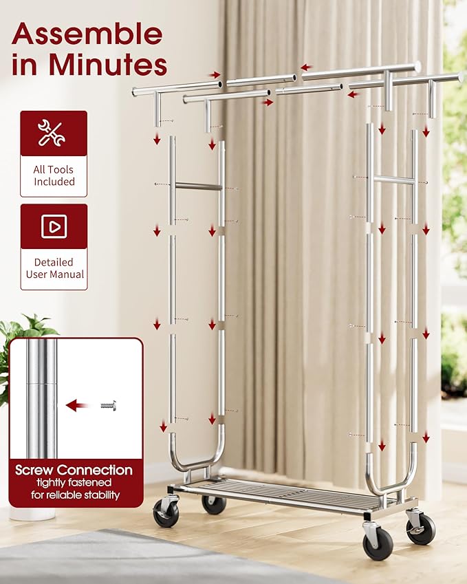 Heavy Duty Stainless Steel Rolling Clothes Rack with Mesh Shelf, Lockable Wheels & Anti-Slip Stoppers, Large Capacity Clothing Organizer for Bedroom, Laundry Room, 43.5" x 16.5" x 65.9", Silver