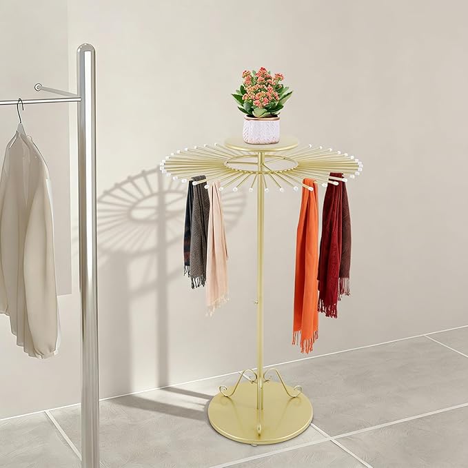 Scarf Display Stand, Commercial Hijab Organizer with 45 Rods, 360°Rotation Scarf Holder Display Rack Organizer for Boutique Retail Store, Apartment, Home Use (Gold, 31.5'')