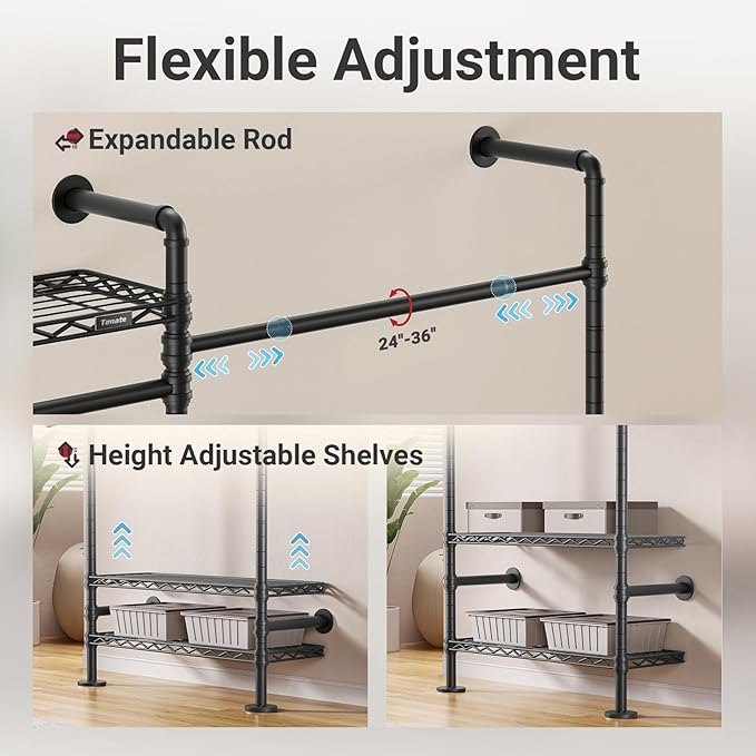Timate L2 Wall Mounted Clothes Rack Industrial Pipe Clothing Rack for Hanging Clothes, Adjustable Expandable Garment Rack Heavy Duty Closet Organizer, Black Mounted Storage Industrial Closet System