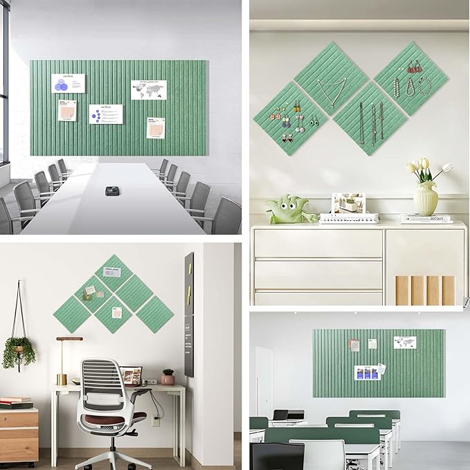 Large Cork Board for Office, 8 Pack Felt Wall Tiles with Slat Wall Paneling and Safe Removable Adhesive Tabs, Felt Bulletin Board Pin Board Cork Boards for Walls - Jade Green