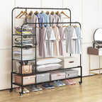SUOERNUO Garment Rack for Hanging Clothes Rack Heavy Duty Portable with Bottom Metal Shelf Drying Coats Shirt,Black (Black+Double Rods+Shelf)