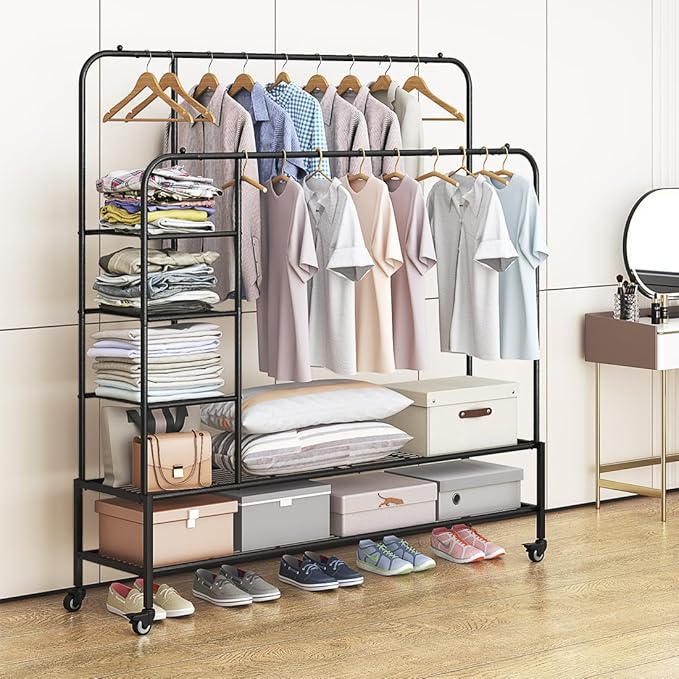 SUOERNUO Garment Rack for Hanging Clothes Rack Heavy Duty Portable with Bottom Metal Shelf Drying Coats Shirt,Black (Black+Double Rods+Shelf)