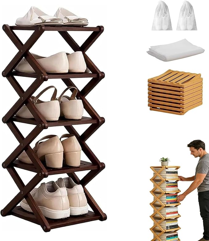 The 5-Tier No-Assembly Bamboo Rack, Bamboo Shoe Rack, Foldable Shoe Rack, Space Saving Collapsible Shelves for Entryway, Closet, Bathroom, Bamboo Shoe Rack, Foldable Shoe Rack (Brown, 5Tier)