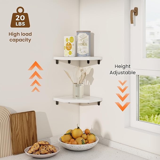 Fun Memories Corner Shelf Wall Mount Set of 2 - Solid Oak Wood Floating Corner Shelf with Cable Hole, 7in Rustic Design for Bedroom, Living Room, Kitchen (White)
