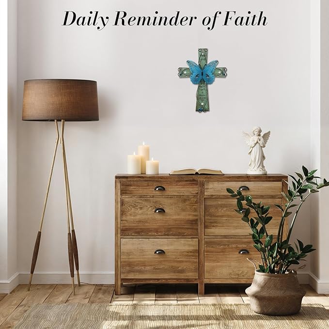 INHAI Handcrafted Christian Wall Cross 9x7,James 1:17 Verse on Wood with Antiqued Metal,Mother's Day Inspirational Home Decor Gift(Blue)
