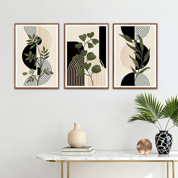 KAlRNE Boho Botanical Framed Canvas Wall Art Set of 3(16”X24”),Abstract Wall Decor,Minimalist Sage Green Picture Photography Geometric Line Black Art Prints For Living Room Bedroom Office