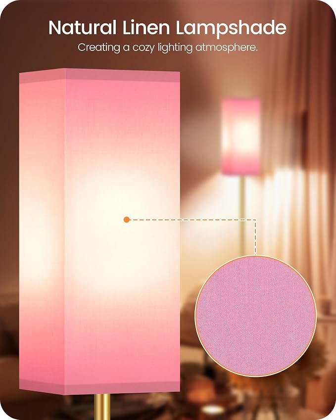Floor Lamp, Pole with Foot Switch, Modern Standing Lamp Lampshade, Minimalist Freestanding Lamp (Bulb Not Included), for Living Room, Bedroom Office ETL Listed, Gold and Pink DP07LD05