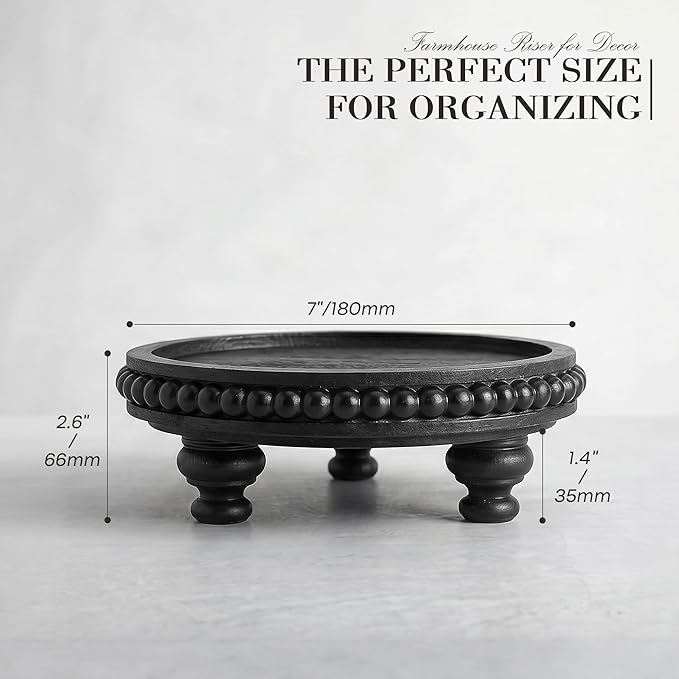 EOSAHR Pine Round Wood Riser with Beaded for Home Decor - Rustic Decorative Tray for Entryway Table - Riser Display Stand for Bathroom & Kitchen Counter (Black)