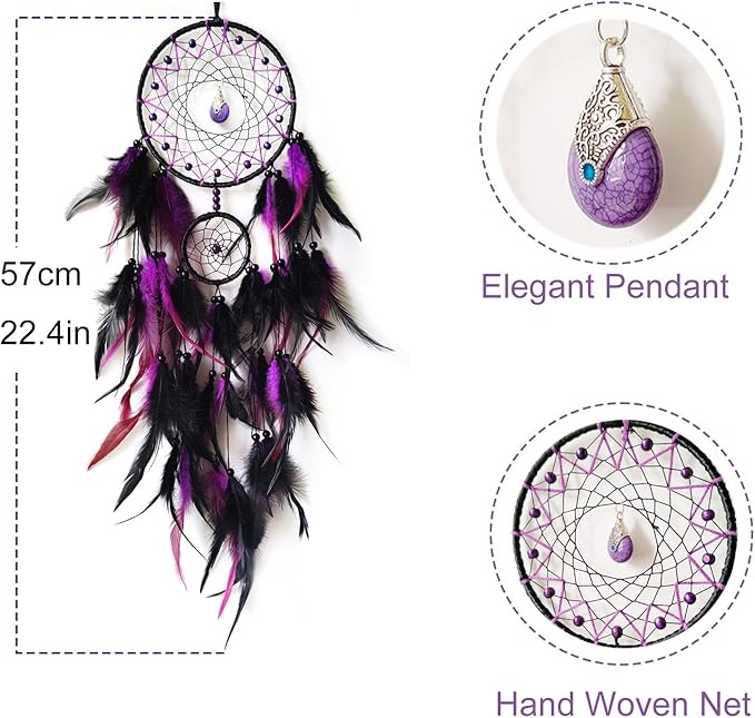 Black and Purple Dream Catcher Wall Decor Feather Dream Catchers with Pendant Handmade Dreamcatcher Wall Hanging Ornament for Bedroom Living Room Home Decor