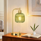 QiMH Industrial Table Lamp for Bedroom Set of 2, Green Glass Beside Lamp with USB A&C Ports, Stepless Dimmable Gold Lamps, Nightstand Lamps for Living Room, Office, Home Decor(Bulb Included)
