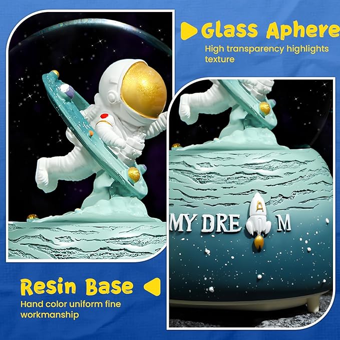 Astronaut Snow Globes, 80MM Musical Glitter Snow Globe to Explore The Vast Starry Sky, Astronaut Musical Snowglobe