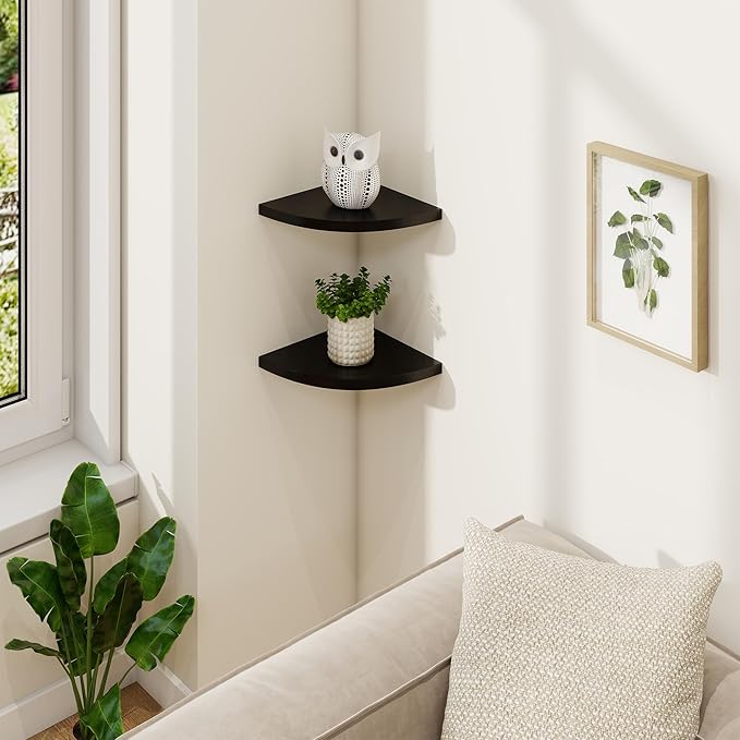 Fun Memories Corner Shelf Wall Mount Set of 2 - Solid Oak Wood Floating Corner Shelf with Cable Hole, 7in Rustic Design for Bedroom, Living Room, Kitchen (Black)