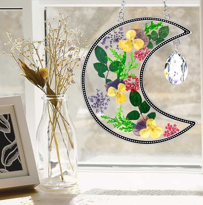 KY&BOSAM Moon Suncatcher Gifts for Mom Family Friends Stained Glass Suncatchers for Windows Hangings Wind Chimes with Real Flower Colorful Crystal Outdoor for Garden Indoor Home Christmas Trees Decor