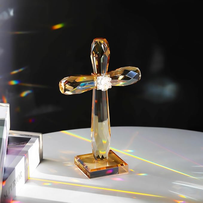 YWHL Champagne Crystal Standing Cross Figurine, Religious Gifts for Women Men, Handmade Glass Holy Easter Cross Collectible Figurines Decoration, Christian Cross for Home Office Decor