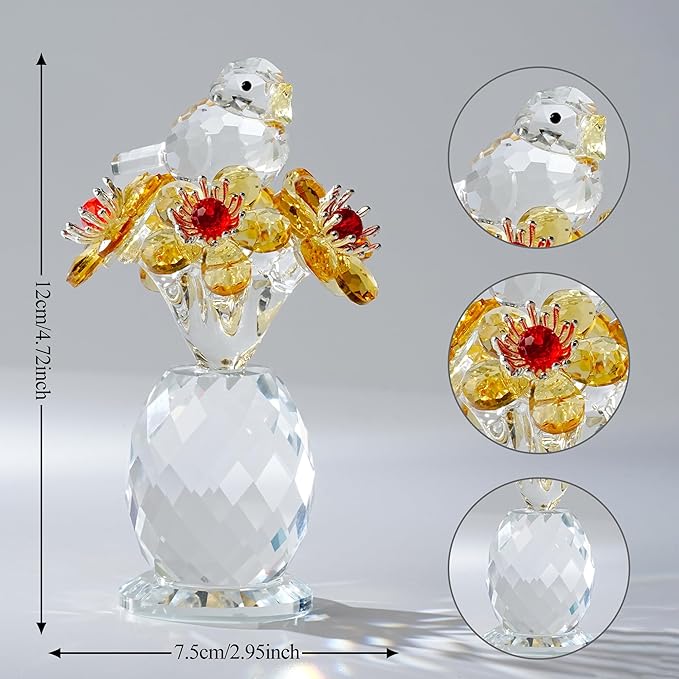 Crystal Bird & Forget-Me-Not Flower Figurine,3x4 inch Glass Flower Collectible Ornaments for Home Decor Table Centerpiece Glass Bouquet Flowers Keepsake Gifts for Women （Yellow）