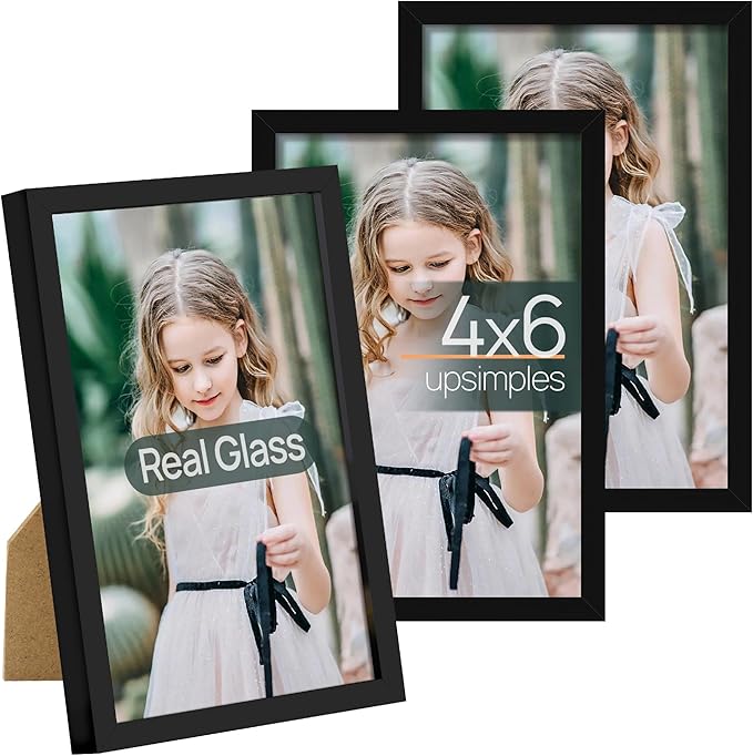 upsimples 4x6 Picture Frame Set of 3, Made of High Definition Glass for 4 x 6, Wall and Tabletop Display Thin Border Photo Frames for Home Decor, Black