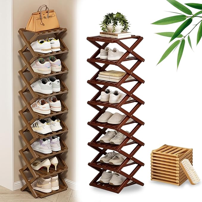 DDRIC The 9-Tier No-Assembly Bamboo Rack, Foldable 9 Tier Bamboo Shoe Rack with Collapsible Vertical Design, Space-Saving Shoe Storage Shelf for Entryway Closet Dorm, No-Tool Assembly (Brown,8)