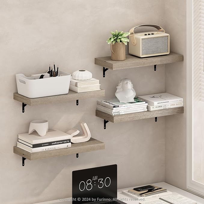 Furinno Tanna Floating Shelves for Wall Set of 4, 22-Inch Wall Shelf, Triple Thick Floating Mounted Shelf, for Bathroom, Home Office, Living Room, Natural