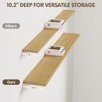 Vivelove 10" Deep Floating Shelves with Invisible Brackets, 55" Wall Shelves for Bathroom Bedroom Kitchen Living Room Laundry Room, Modern Rustic Shelves for Home Decor, 55"x10.2"x1.5", Set of 2, Oak