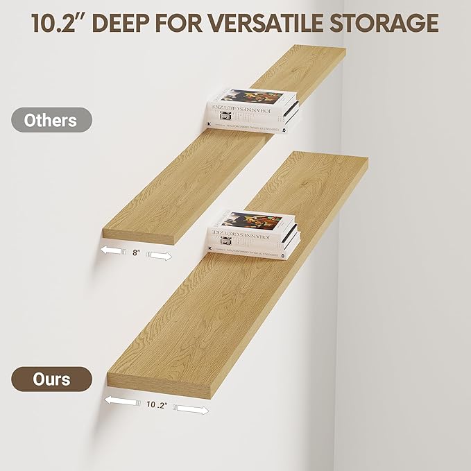 Vivelove 10" Deep Floating Shelves with Invisible Brackets, 55" Wall Shelves for Bathroom Bedroom Kitchen Living Room Laundry Room, Modern Rustic Shelves for Home Decor, 55"x10.2"x1.5", Set of 2, Oak