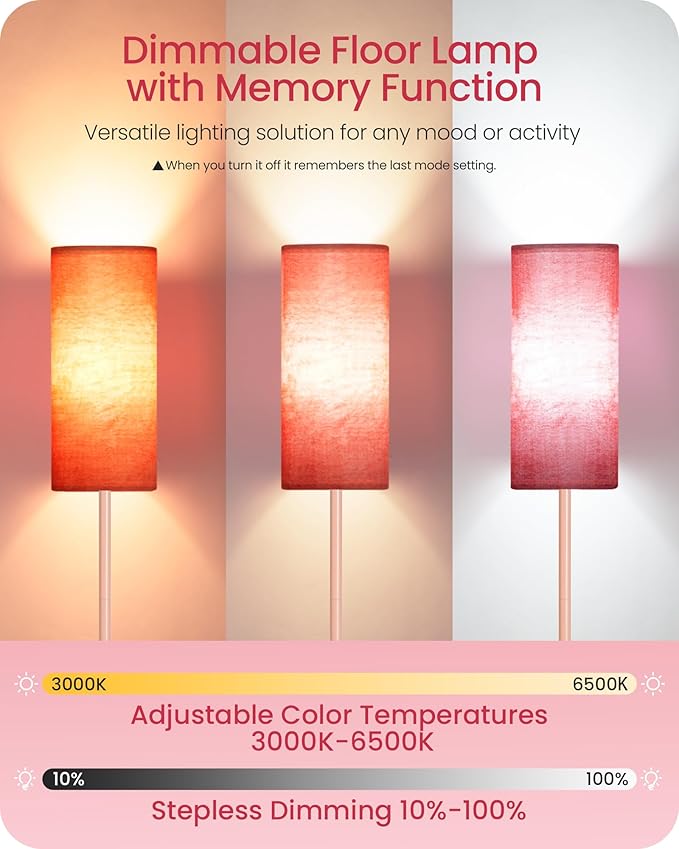 Dimmable Floor Lamps for Living Room with Remote and Foot Switch, 64.4” Modern Standing Tall Lamp, Corner Lamp for Bedroom, Bulb Included, 3000K-6500K, FCC Listed, Sakura Pink PCP06LD05W1