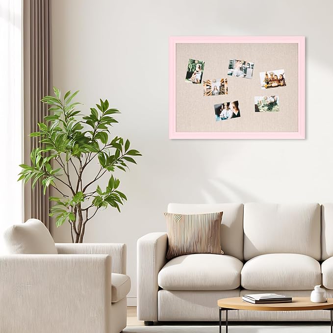 DOLLAR BOSS Bulletin Board with Linen 36'' x 24'' Pink Framed Cork Boards for Walls, Photo Display Pin Board, Decorative Corkboard for Office Home School Girls Dorm Decor with 10 Pushpins, White