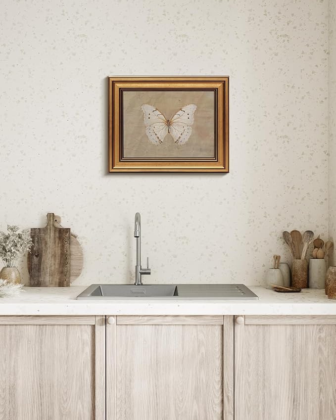 VIYYIEA Vintage Gold Framed Wall Art for Living Room, White Butterfly Canvas Prints Home Decor, Oil Painting Picture, Bedroom Wall Decor Gifts for Friends or Family -【Morpho polyphemus】-(10L x 8W)