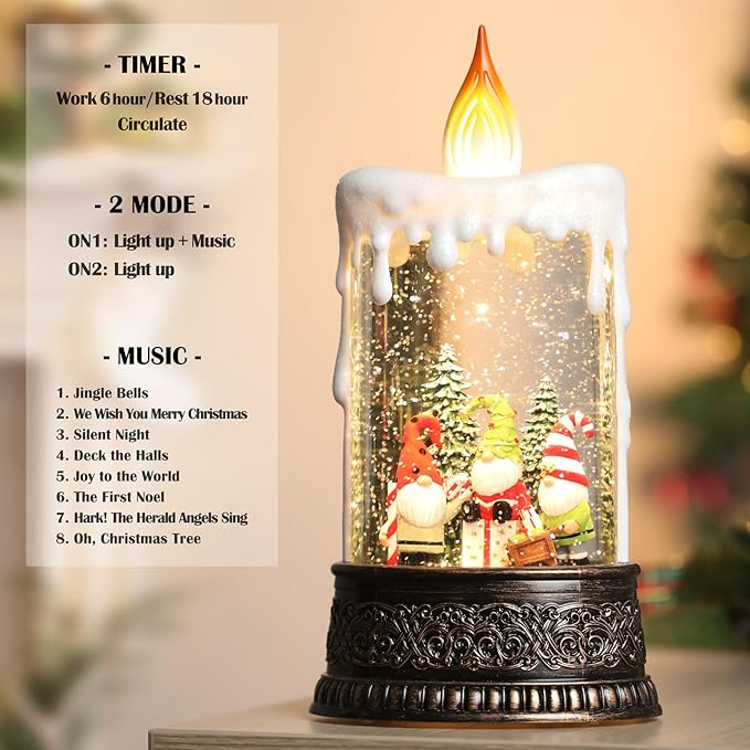 Christmas Snow Globe Gnome Snow Globe Lantern, Light Up Christmas Decorations for Home Musical Lantern Candle Shaped with Timer, Home Decor Festival Gife, USB & Battery Operated 10 Inch