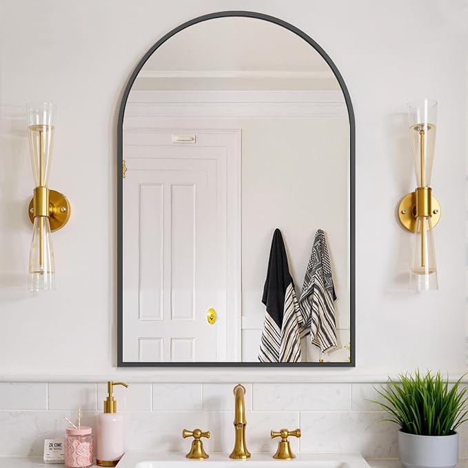 Bathroom Mirror for Wall, 38x26 Inch Arched Mirror, Matte Black Metal Framed Bathroom Vanity Mirror for Restroom Farmhouse, Anti-Rust, Tempered Glass, Hanging or Leaning