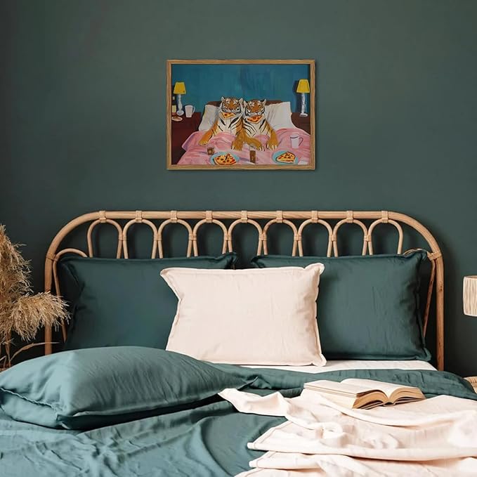 Framed Funny Tiger Wall Art, Eclectic Tigers Eating Pizza in Bed Pictures Wall Decor, Whimsical Animal Paintings Canvas Prints Humor Home Decor for Living Room Bedroom Office 12x16 inch