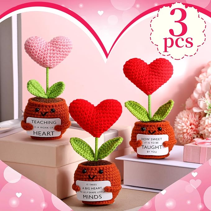 Wavwavw 3 Pack Teacher Appreciation Gift Positive Flower Handmade Crochet Doll Thank You for Helping Me Grow Gifts Back to School Gifts for Women Teacher(Heart)
