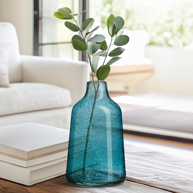 Torre & Tagus 10 Inch Tall Blue Glass Vase with Gold Flakes, Mouth Blown Glass Vase Blue Flower Vase Centerpieces, Watertight for Hydroponic Plants, Coastal Decor Accents (Marina)